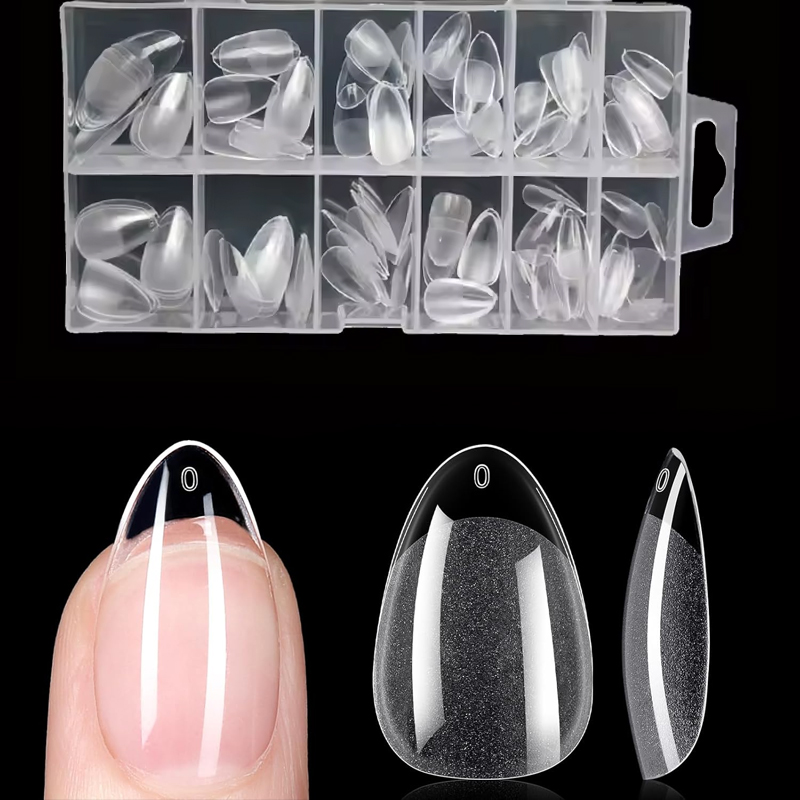 Nail Art Xl - 超短いアーモンド型Xスタイルネイルチップ - 120ピース、12サイズ、透明アクリル、セミマットフルカバー、DIYネイルエクステンションとサロン用、プレシェイプされた長持ちするネイルアート