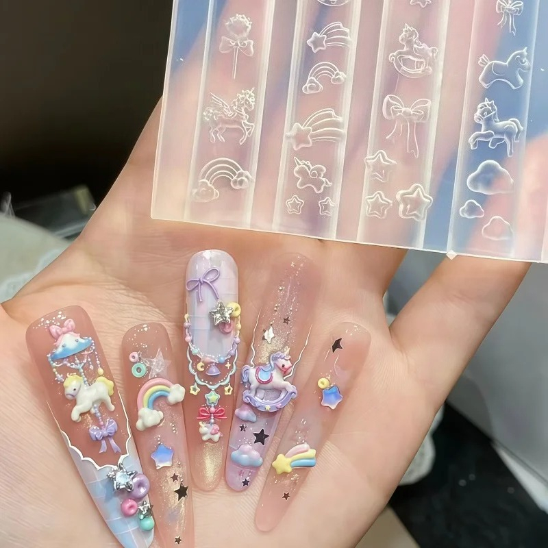 Nail Art Rainbow - 夢のようなユニコーン虹色の馬蝶ネクタイキャンディービーンカルーセルかわいいウサギ3DネイルアートデコレーションDIY透明シリコンモールド