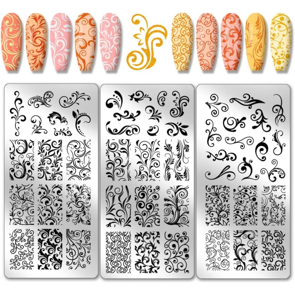 Nail Art Inspo - 3 個スワールパターンネイルアートテンプレートフレンチネイルスタンピングプレート 52 パターン植物花ネイルアートステンシルステンレス鋼