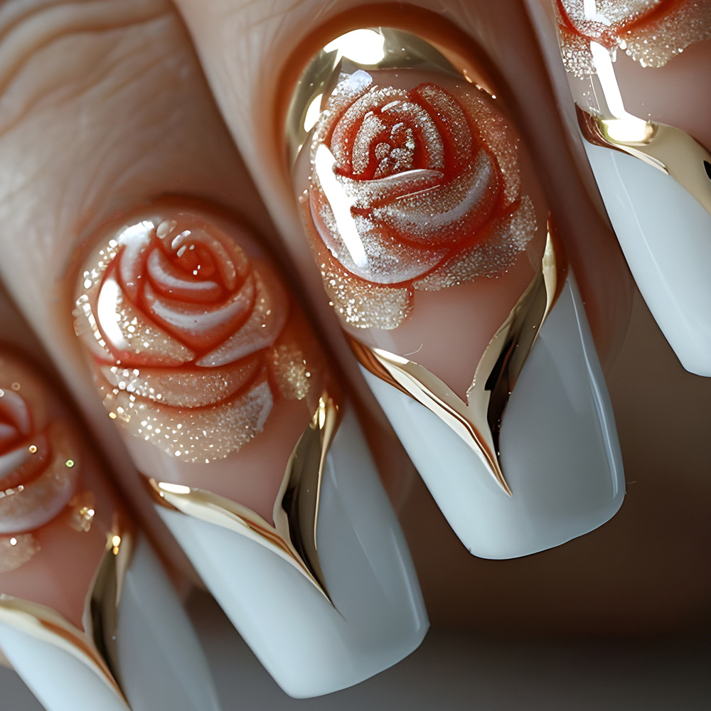 Nail Art Full Color - フレンチチップ付きの白い四角い偽の爪,色付きの花,フルカバー,ネイルアート
