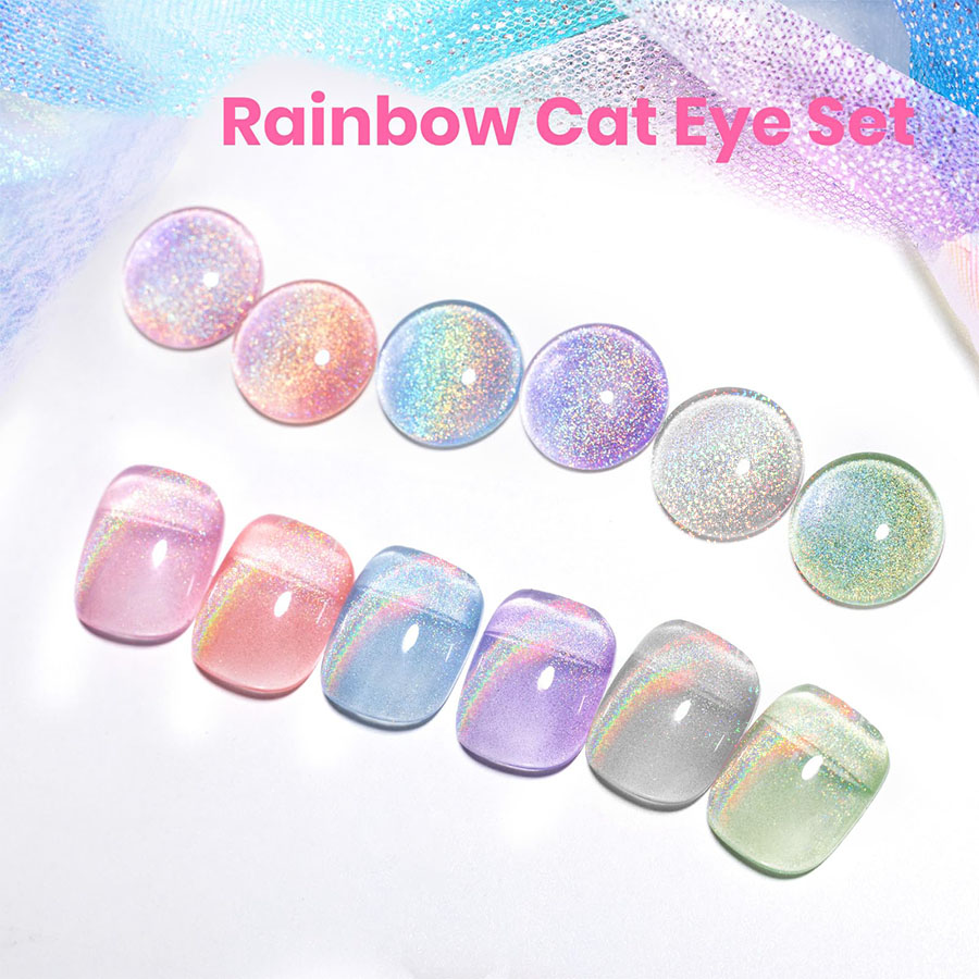 Nail Art Rainbow - QAZIXU 1/6個入り レインボーキャッツアイジェルネイルポリッシュセット ブルーマグネットジェル ピンク＆パープルカラー セミパーマネントソークオフ