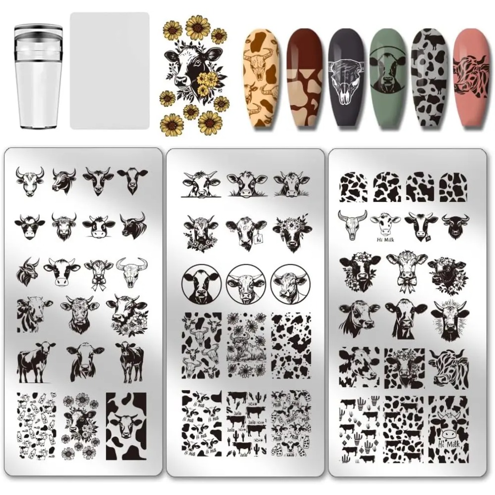 Nail Art Inspo - 3 個の牛テーマネイルスタンピングプレート 56 パターン牛の斑点ネイルアートステンシルかわいい動物マニキュアアートテンプレートヒョウの爪
