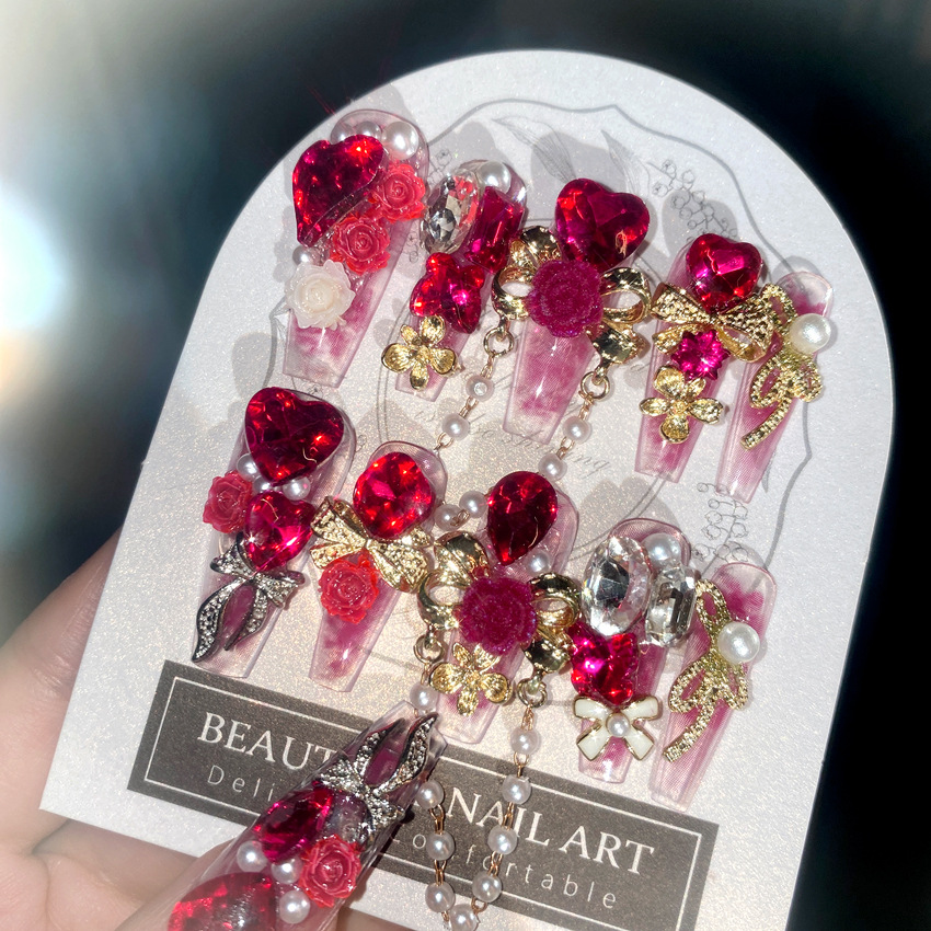 Nail Art Wedding - 24 個新年重金属プレス爪中国の花嫁の結婚式偽爪フルカバーウェアラブル光沢のある大型クリスタル付け爪