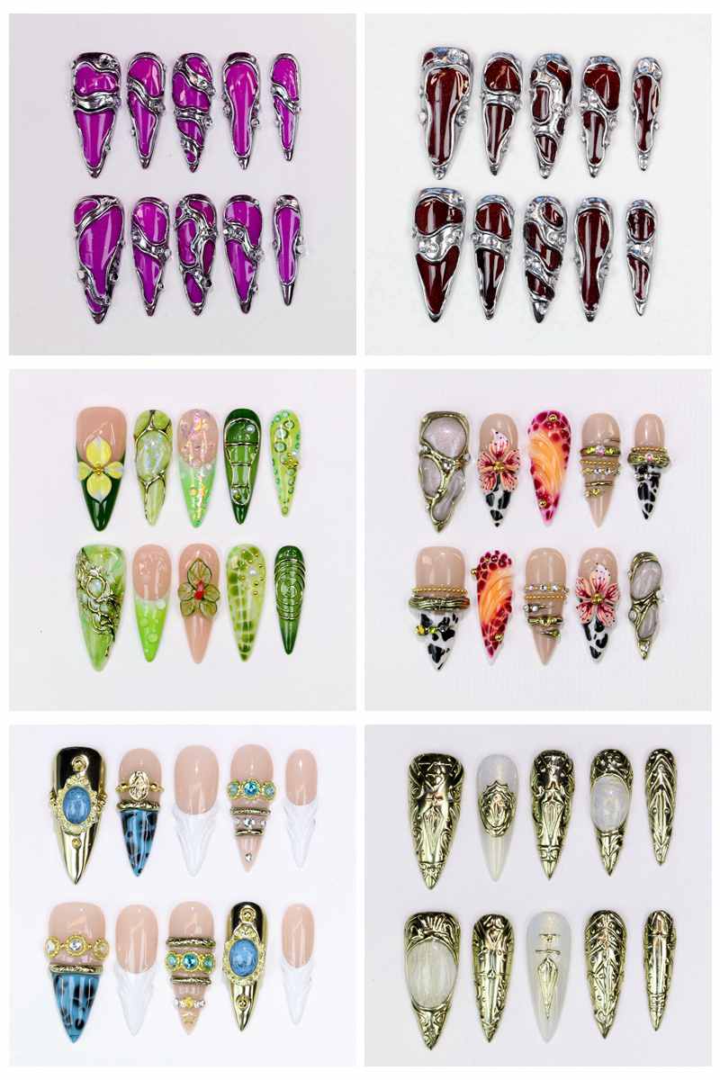 Nail Art Wedding - 10枚入りロングスティレットつけ爪 グロッシーな手描きの紫の花柄デザイン 結婚式イベント用 カスタムネイルアート