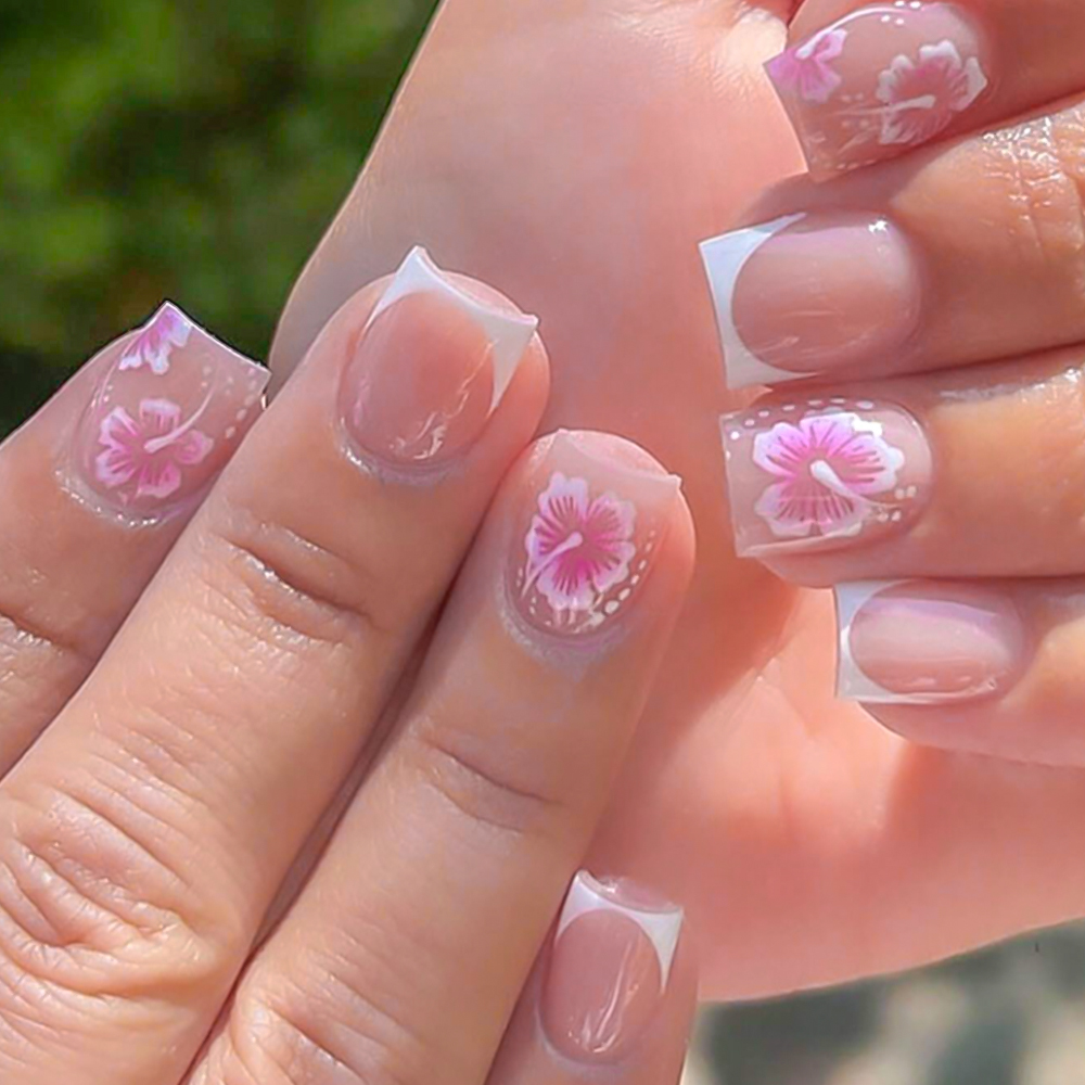 Nail Art Wedding - 24 個フレンチフラワー付け爪ピンクハイビスカスデザインフルカバープレスオンネイルウェアラブル人工偽指先女性 & グリル用