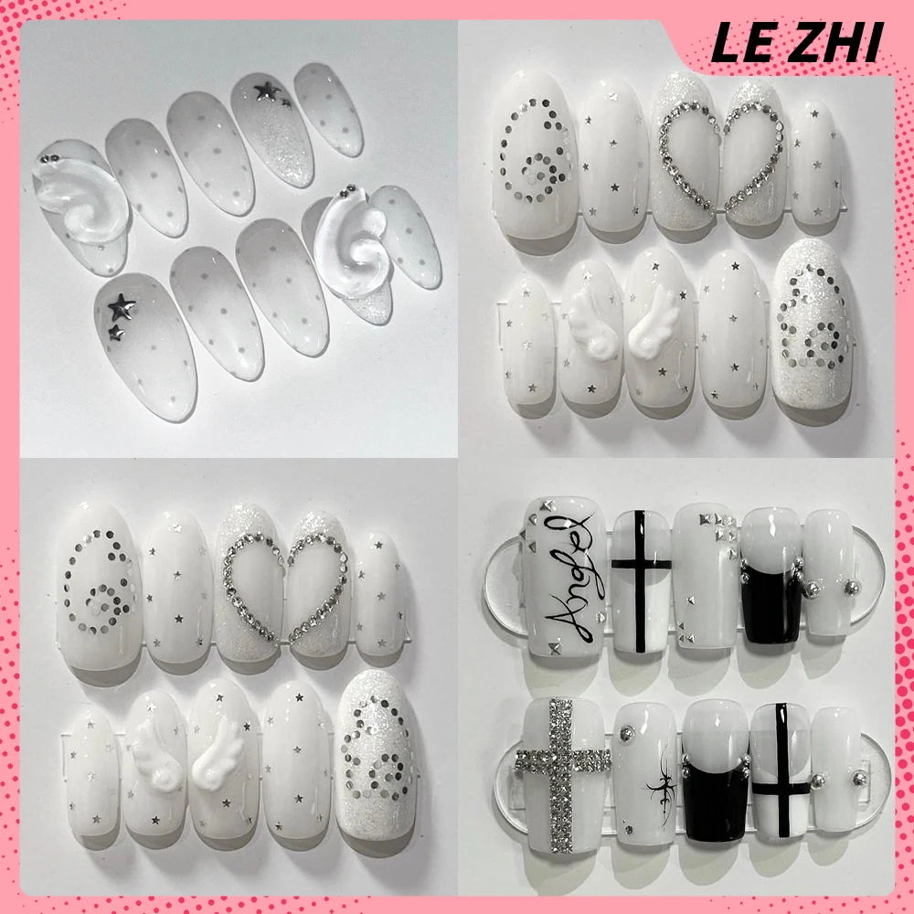 Nail Art Inspo - Y2KレトロウィングスターグリッタープレスオンネイルアートアーモンドダイヤモンドポルカドットホワイトシンプルスチールボールDIY手作り再利用ネイルアート