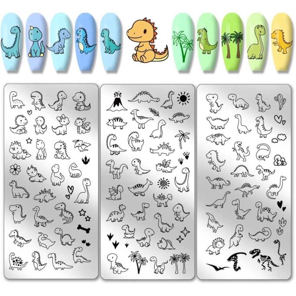 Nail Art Inspo - 3 個の恐竜ネイルスタンピングプレートかわいい小さな恐竜ネイルアートテンプレート愛太陽植物ステンシルステンレス鋼イメージプレート