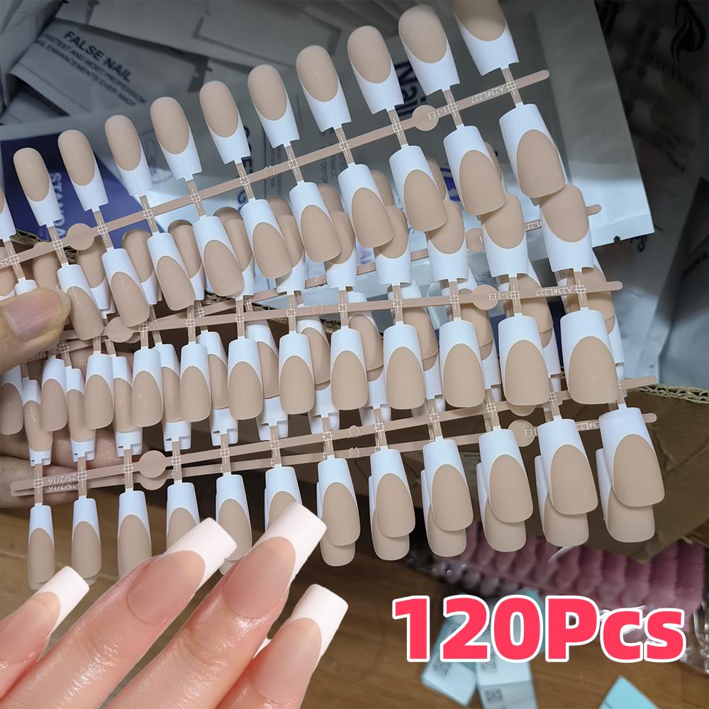 Nail Art Wedding - 120枚入り ヌードフレンチフェイクネイル ミディアムコフィン プレスオンネイル ホワイトエッジデザイン マットバレエ