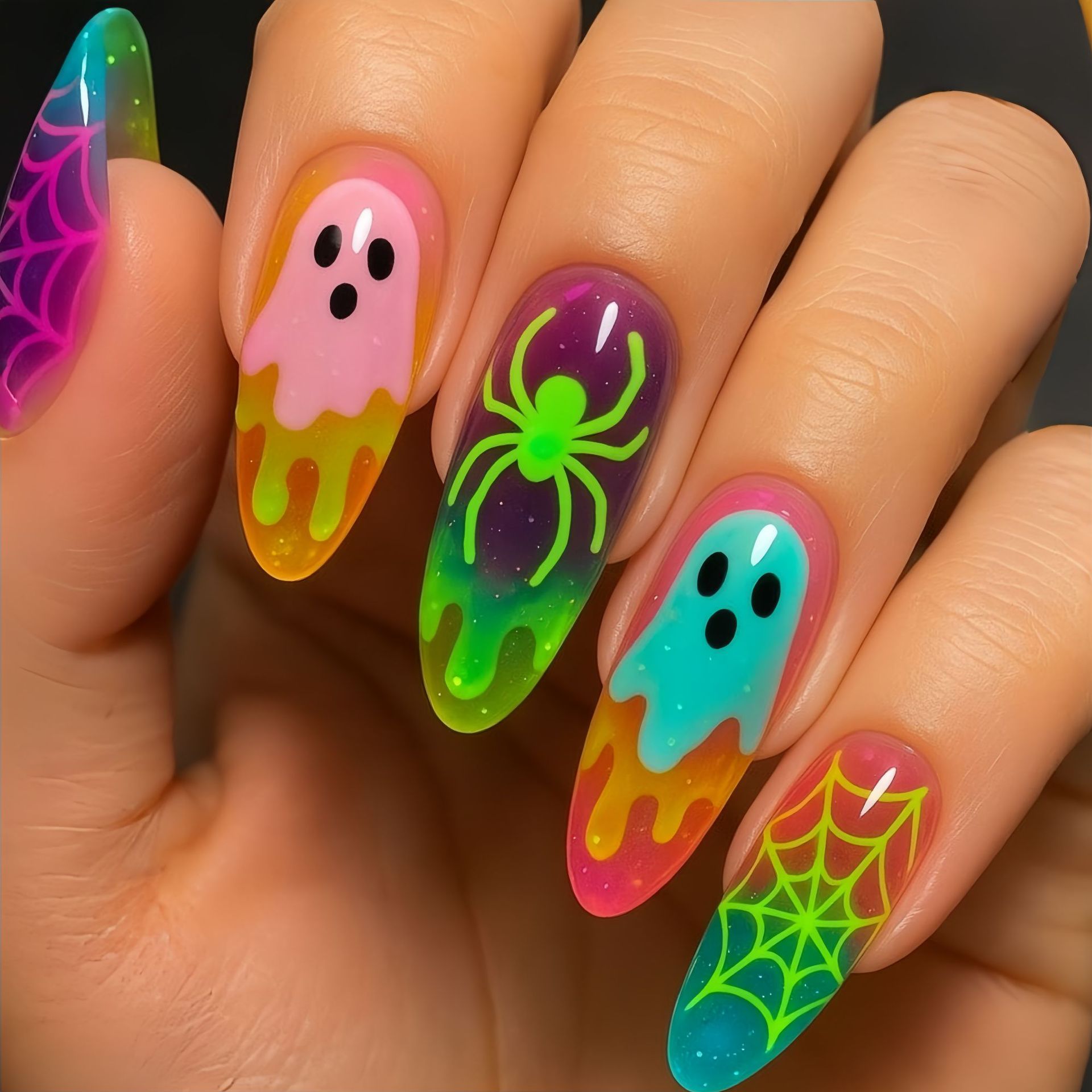 Nail Art Full Color - ネオングラデーションカラーハロウィンプレスオンネイル 3d ゴーストスパイダーフェイクネイルアクリルネイルフェイクネイルフルカバレッジ偽ネイルアート