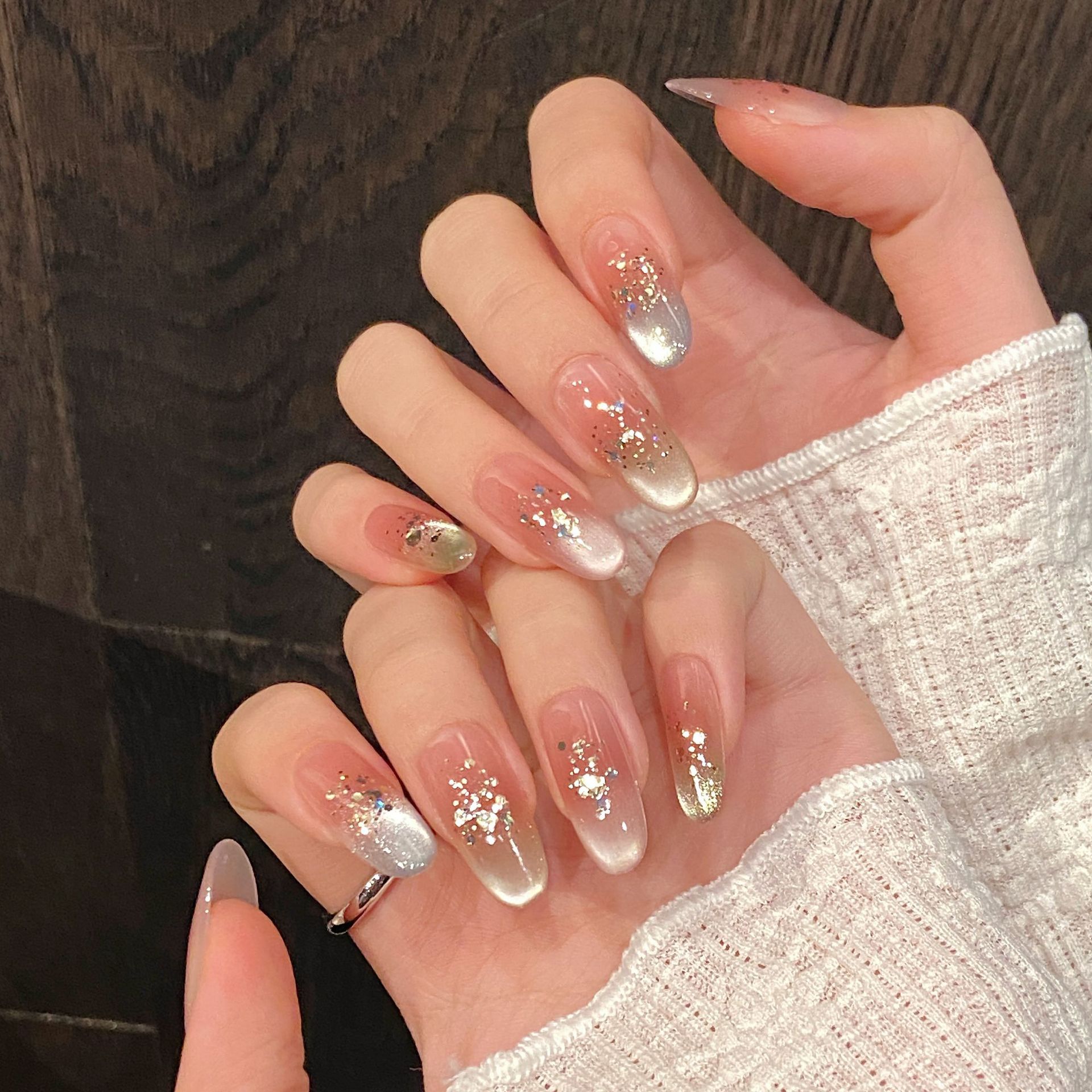 手作りプレスオンネイルレインボーキャットアイ妖精ギルターデザ - Nail Art Rainbow のレビューと価格
