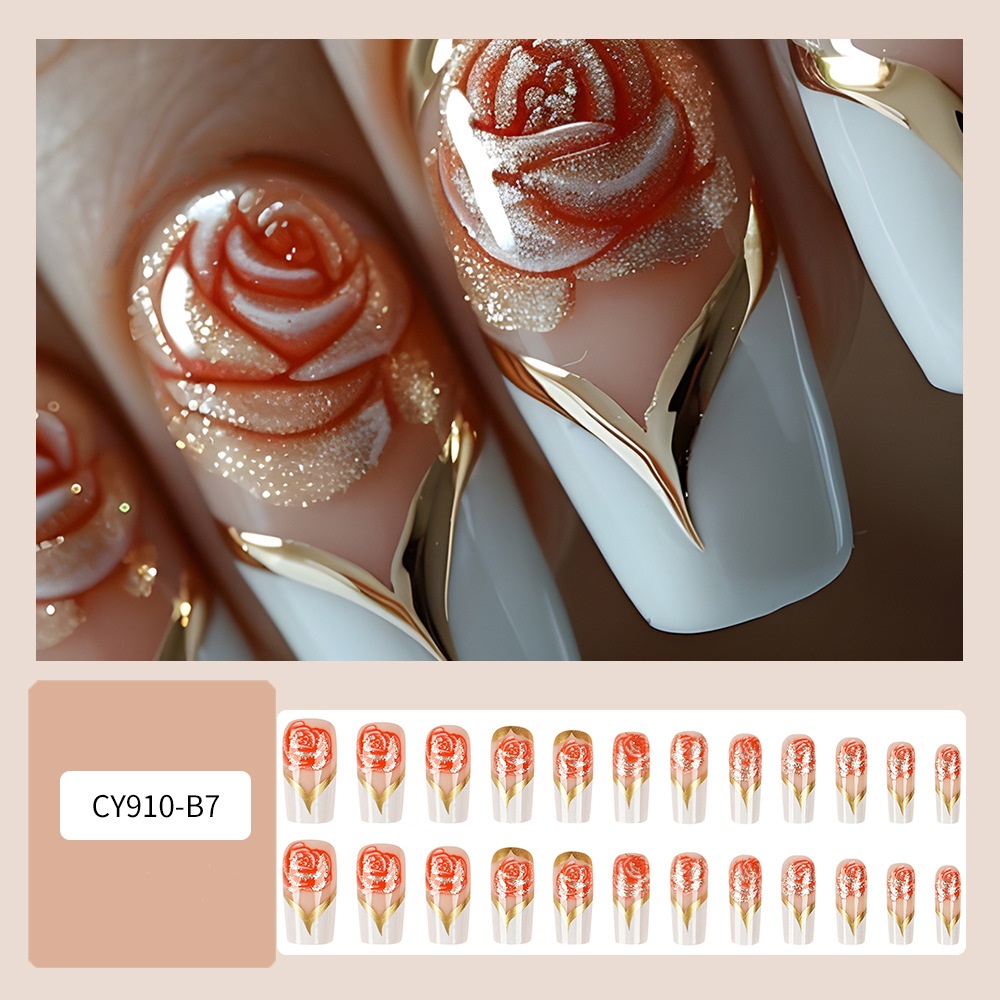 フレンチチップ付きの白い四角い偽の爪,色付きの花,フルカバー - Nail Art Full Color のレビューと価格
