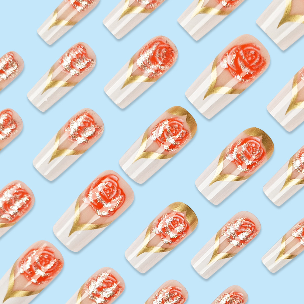 フレンチチップ付きの白い四角い偽の爪,色付きの花,フルカバー - Nail Art Full Color のレビューと価格