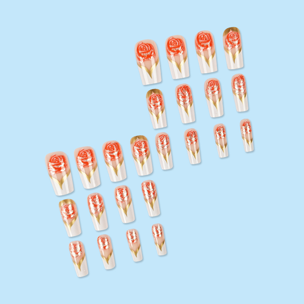 フレンチチップ付きの白い四角い偽の爪,色付きの花,フルカバー - Nail Art Full Color のレビューと価格