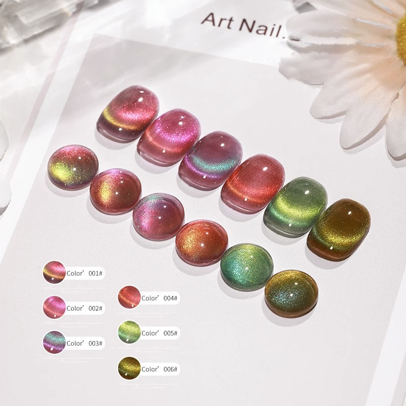 6 色オーロラキャットアイ磁気ジェルネイルポリッシュ、光沢の - Nail Art Rainbow のレビューと価格