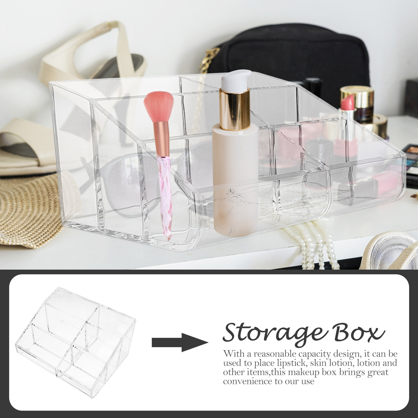 6区画アクリル製オーガナイザー 透明メイクアップ収納ボックス - Acrylic Powder Clear のレビューと価格